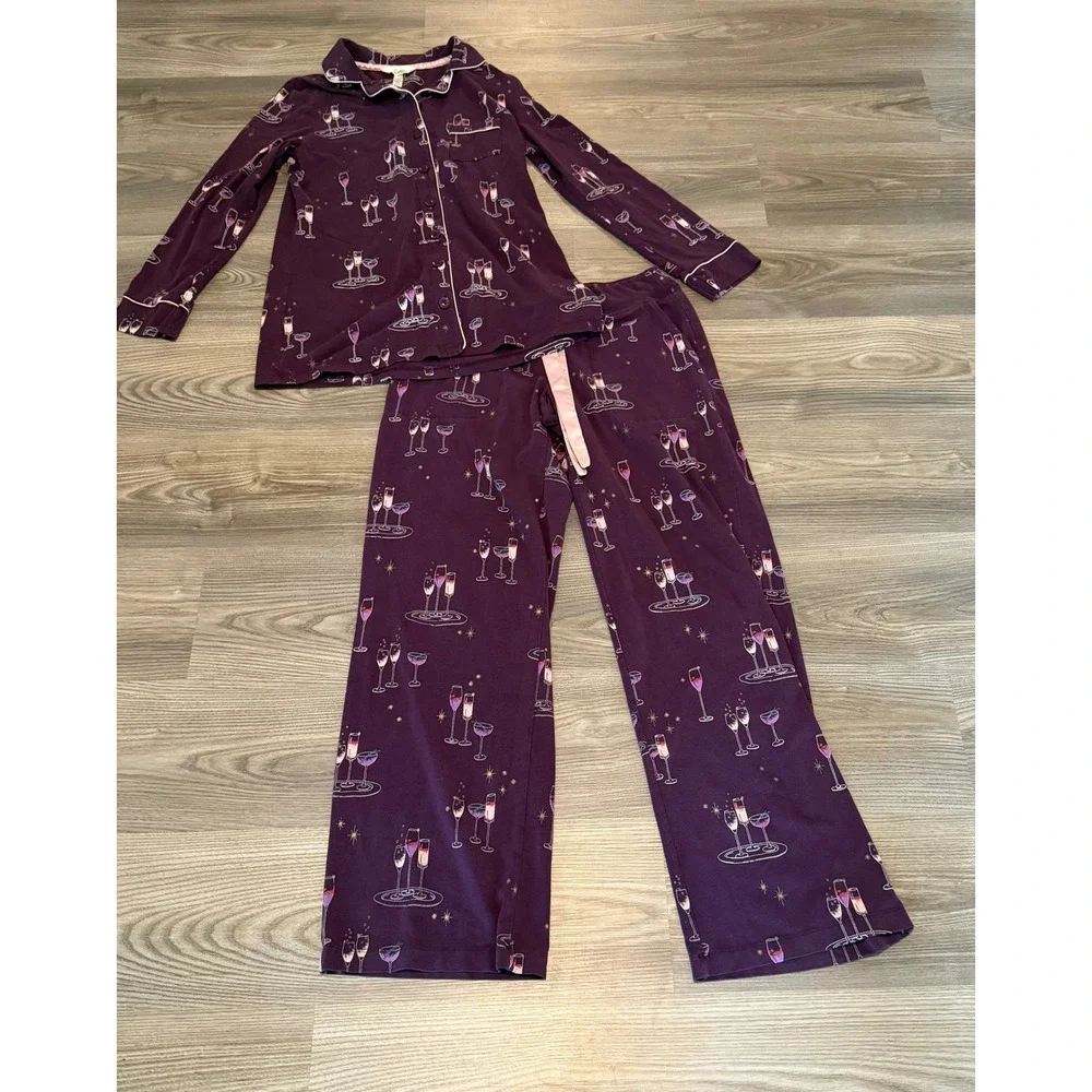 Soma Intimates Purple Champagne Glass Pajama Set Womens XS Long Sleeve Pants 2PC